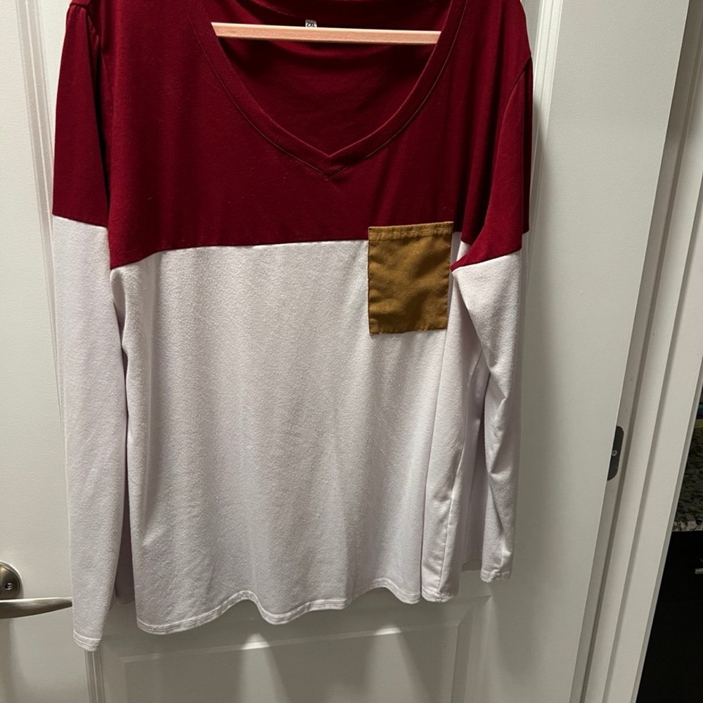 Red and White Long Sleeve Top with Pocket